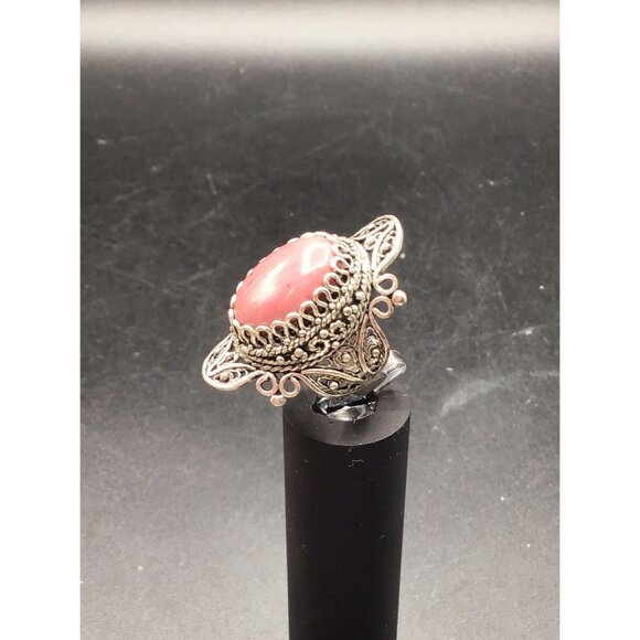Rhodonite Ring Wide Elongated Bold Ornate Sterling Silver Setting Size 7 - Picture 3 of 8